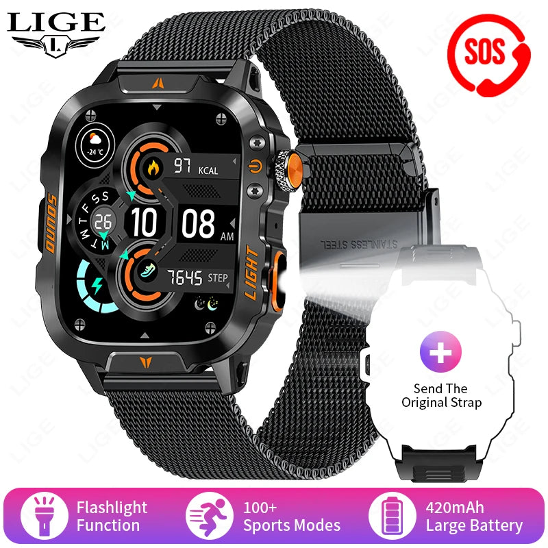 LIGE New Military Smart Watch Men Waterproof Outdoor Sports Tracker LED Flashlight Bluetooth Call Men Smartwatch For Android iOS