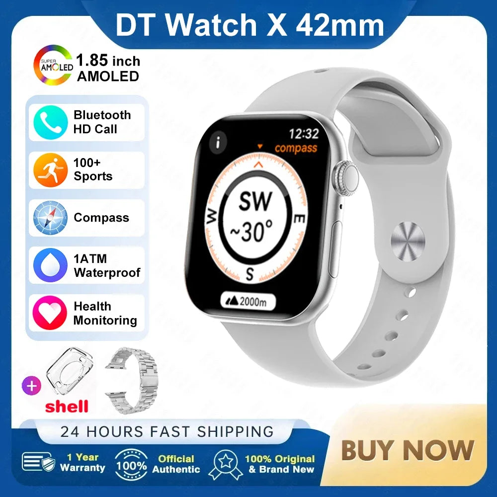 New DT Watch X Mini Smartwatch 3D Menu Video AI Voice NFC 4GB Lang Memory Compass 1.85 Inch AMOLED Super Fast Charge Smartwatch