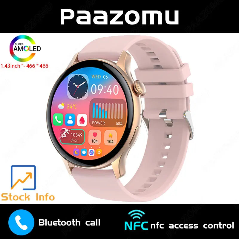New Smart Watch Women 466*466 AMOLED Screen Always Display Time NFC Bluetooth Call Fashion IP68 Waterproof Sports Men Smartwatch