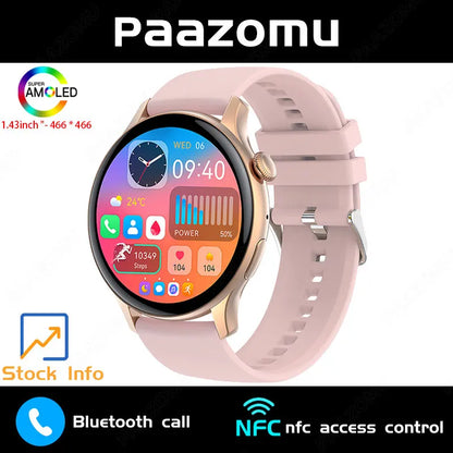 New Smart Watch Women 466*466 AMOLED Screen Always Display Time NFC Bluetooth Call Fashion IP68 Waterproof Sports Men Smartwatch