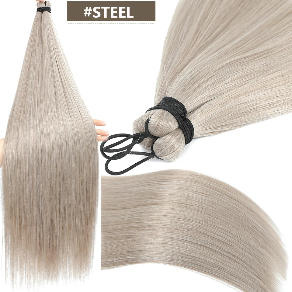 Magicae 28Inches 3Pcs Dark Brown Twist Crochet Braiding Ombre Blond Straight Hair Bundles Extension High Temperature Synthetic