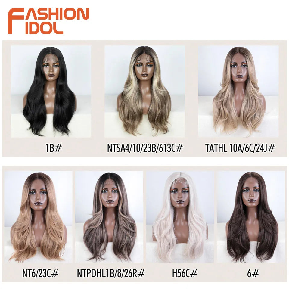 FASHION IDOL 24 inch Lace Front Wigs For Women Synthetic Wigs With Baby Hair Wigs Ombre Brown Blonde Straight Lace Wigs Cosplay