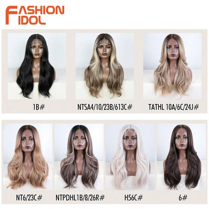 FASHION IDOL 24 inch Lace Front Wigs For Women Synthetic Wigs With Baby Hair Wigs Ombre Brown Blonde Straight Lace Wigs Cosplay