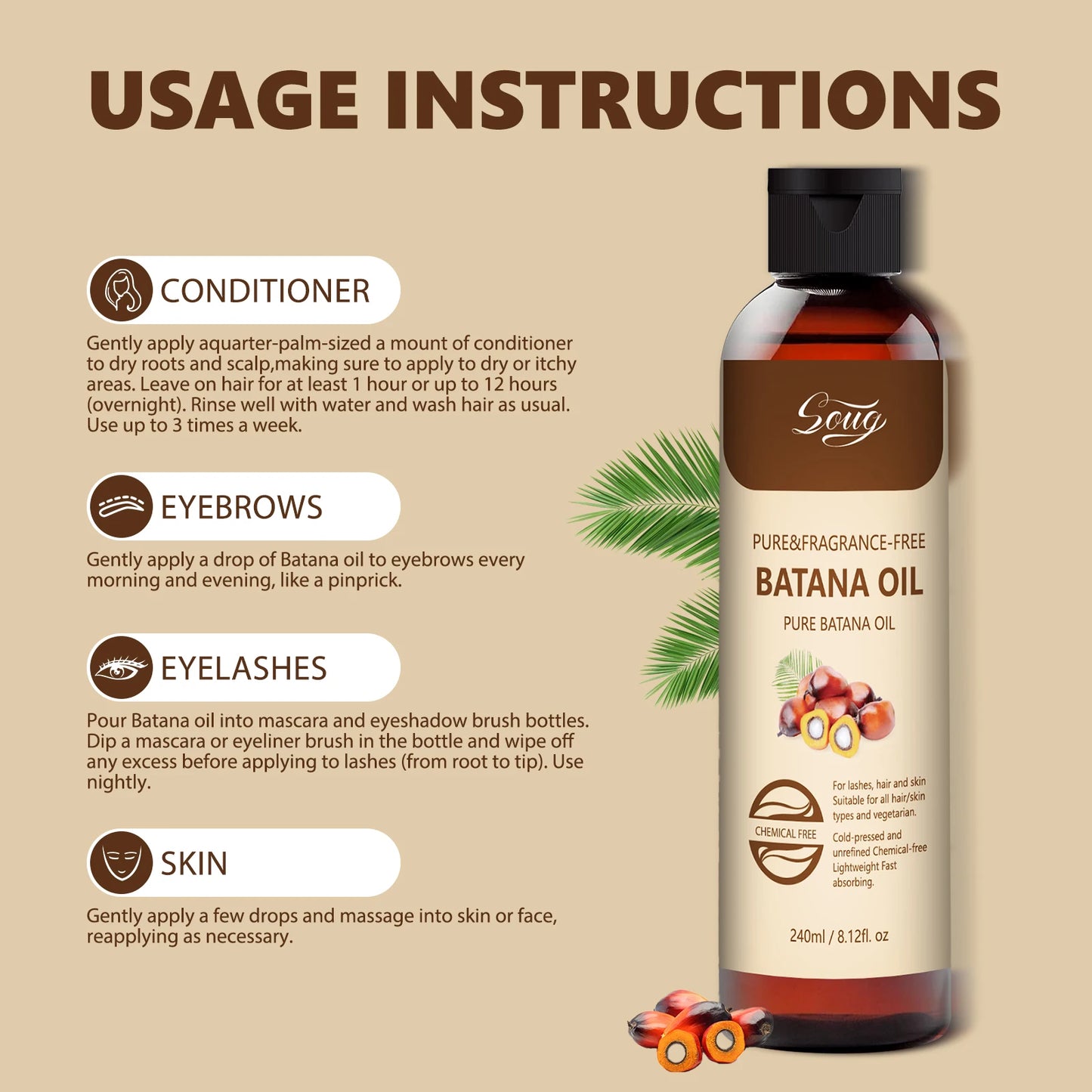 Pure Natural Batana Oil for Hair Growth, Eyelashes & Skin Care - 240ml Cold-Pressed Treatment for Dry Hair Repair