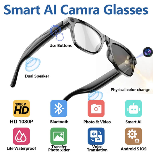 1080P HD Smart Glasses Color-changing Lens Bluetooth AI GPT Camera Call Voice Assistant Translate Identify Objects Smart Glasses