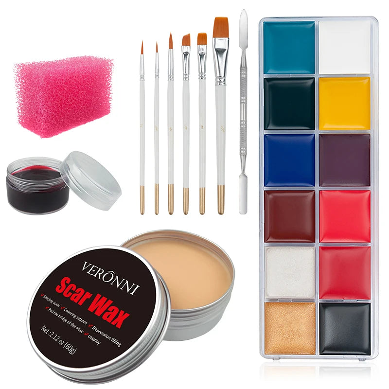 12/20 Colors Face Body Painting Fake Blood ,Halloween Professional Special Effects Makeup Kit with Wound Modeling Scar Wax