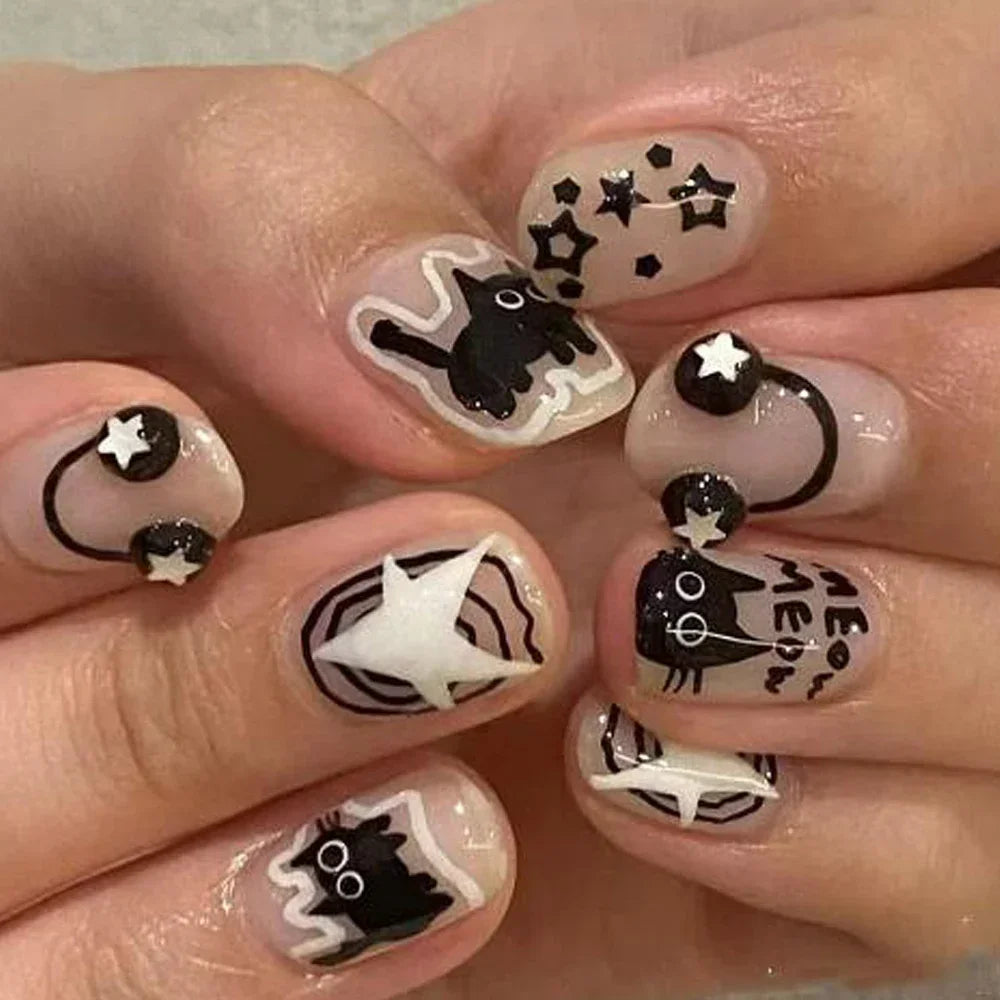1-10PCS Y2K Black Cat Nail Stickers Kawaii Cartoon Animal Paw Sliders Nail Arts 3D Silver Stars Letters Manicure Decals Tools