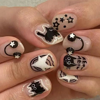 1-10PCS Y2K Black Cat Nail Stickers Kawaii Cartoon Animal Paw Sliders Nail Arts 3D Silver Stars Letters Manicure Decals Tools
