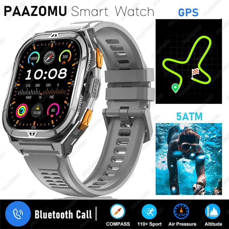 2025 New GPS Smart Watch Men 1.96-inch HD AMOLED Screen Compass Bluetooth Call 5ATM Waterproof Sport Smart Watch for Android iOS