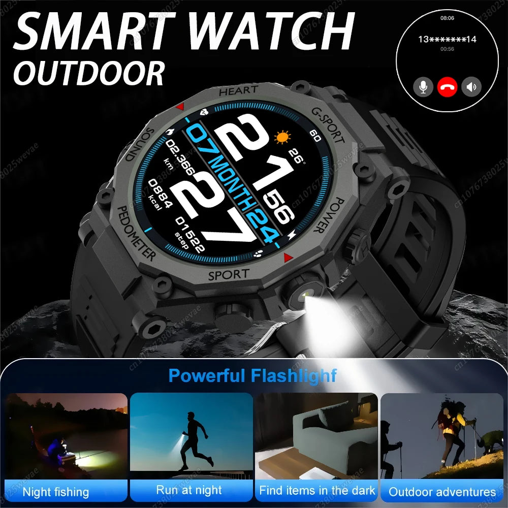 New Outdoor LED Flashlight Smart Watch Men 2025 Bluetooth Call Heart Rate Monitoring Military Sports SmartWatch For Android IOS