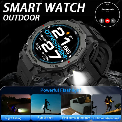 New Outdoor LED Flashlight Smart Watch Men 2025 Bluetooth Call Heart Rate Monitoring Military Sports SmartWatch For Android IOS