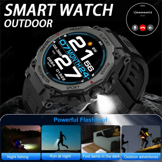 New Outdoor LED Flashlight Smart Watch Men 2025 Bluetooth Call Heart Rate Monitoring Military Sports SmartWatch For Android IOS