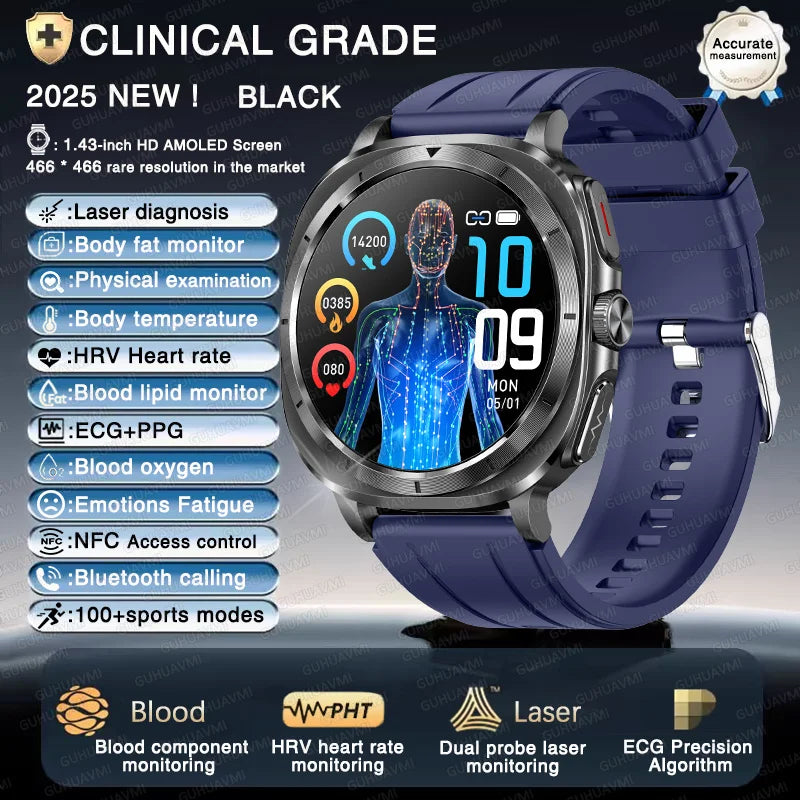 2025 New Laser therapy Three High Uric acid Blood pressure Smartwatch Men ECG+PPG Heart rate Fat Body Analysis NFC Call Watches