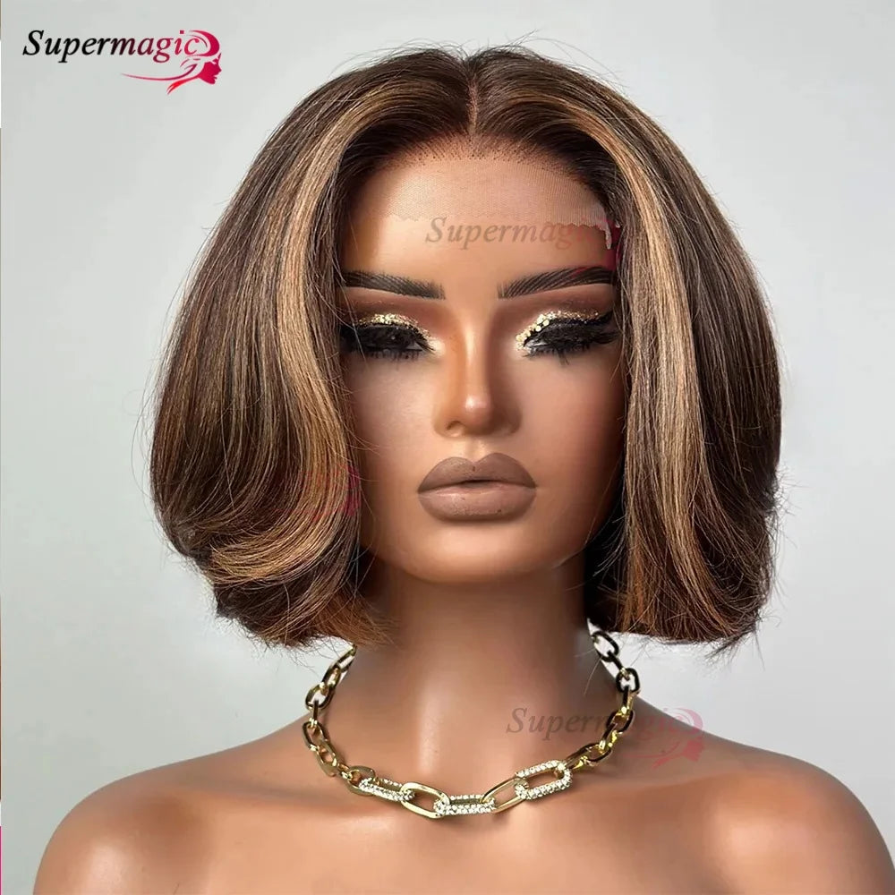 13x4 Frontal Wig New Trendy Layered Cut Straight Human Hair Wigs Short Wig Highlight Piano Color 4X4 Lace Closure Wig for Women