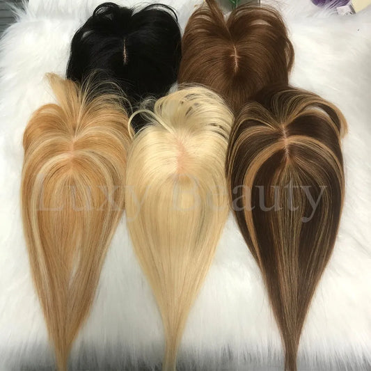 8x12cm Human Hair Topper With Bangs Women Natural Black Brown Highlights Blonde Skin Scalp Clip in Topper Hair Pieces Human Hair
