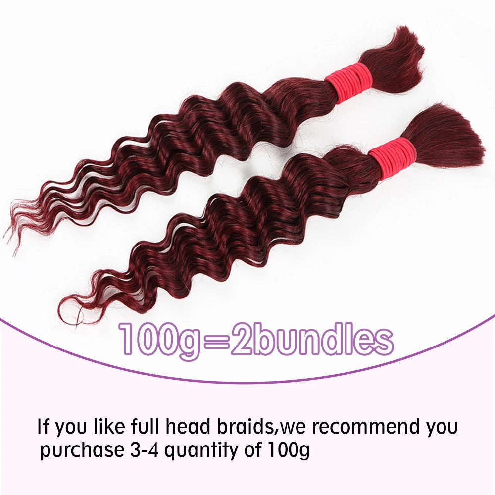 12A 26 28inch 99J# Burgundy Deep Wave Human Hair Bulk for Boho Braids Water Wave Virgin Human Hair Bundles No Weft for Braiding
