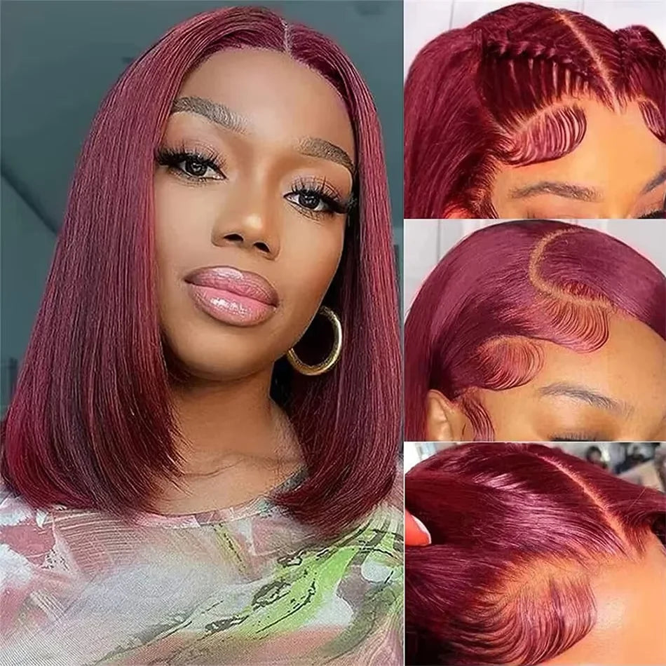 200% 99J Burgundy Straight Bob Wigs Brazilian Hair 13x4 Hd Lace Front Human Hair Wigs Red Wine Glueless Short Bob Wig PrePlucked