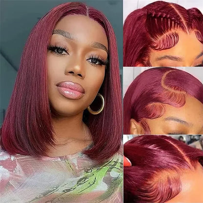 200% 99J Burgundy Straight Bob Wigs Brazilian Hair 13x4 Hd Lace Front Human Hair Wigs Red Wine Glueless Short Bob Wig PrePlucked
