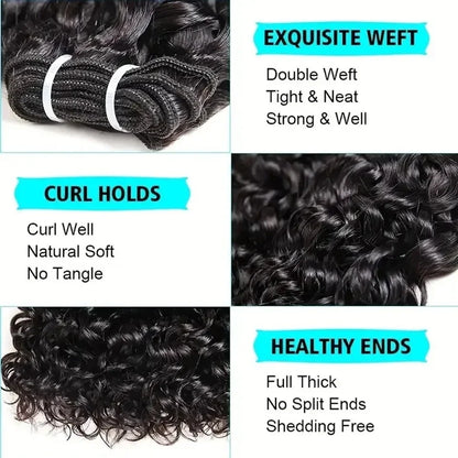 Peruvian Short Kinky Curly Virgin Hair Bundles With Closure 100% Unprocessed Hair Weft Extension Humain Hair Natural Black