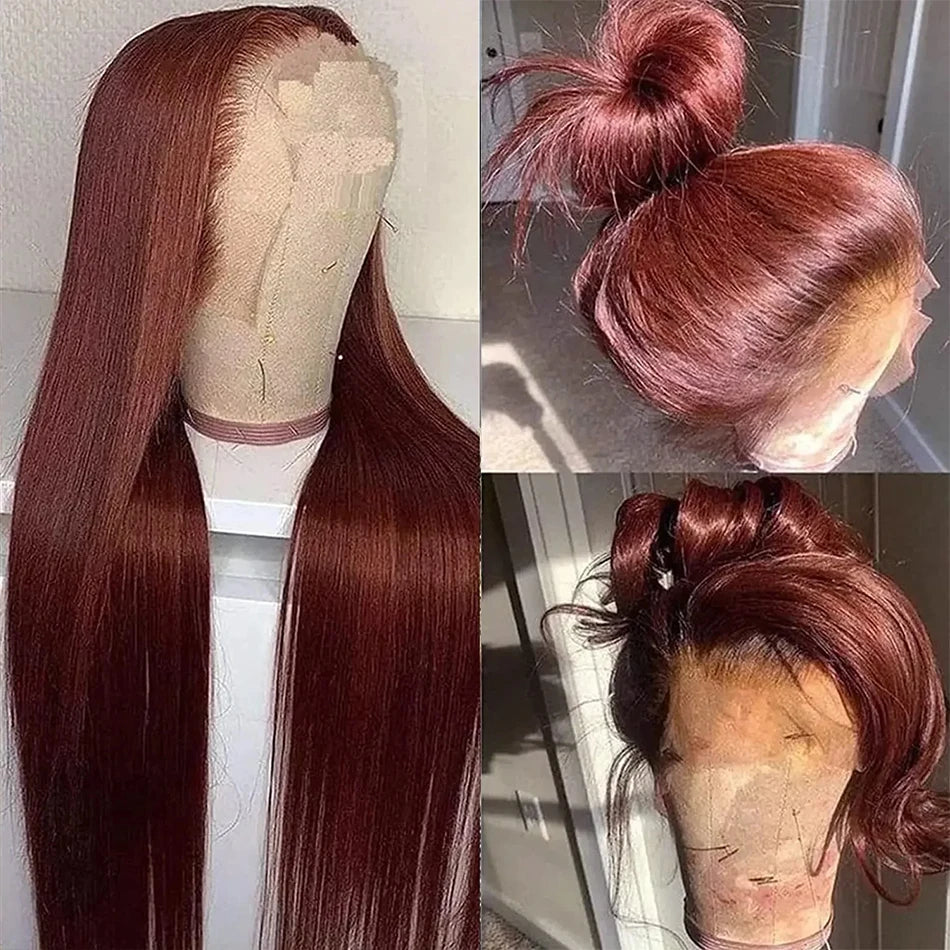 Reddish Brown Bone Straight 13x4 HD Transparent Lace Front Body Wave 100% Human Hair Wigs 180% Density Pre Plucked Copper Red
