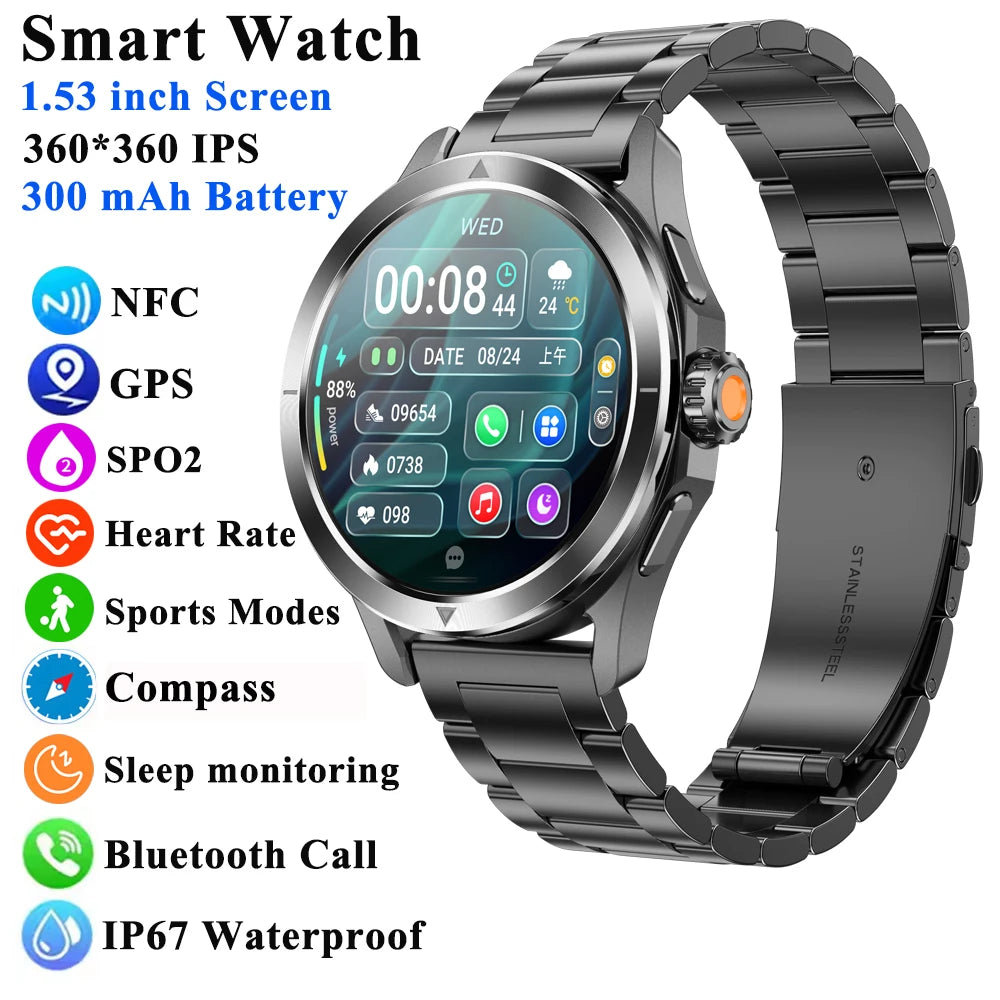 1.53" Outdoor Sports Smart Watch Men NFC GP Compass Heart Rate Blood Oxygen Waterproof Bluetooth Call Smartwatch for IOS Android