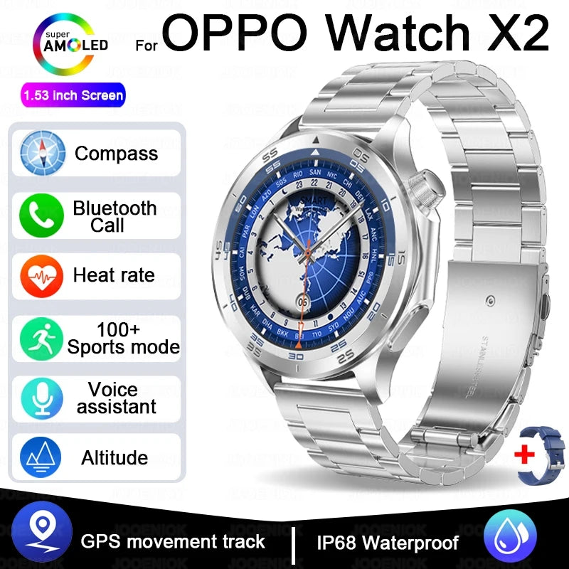 2025 New For OPPO X2 Men's Smartwatch IP67 Waterproof Compass Sports Partner Message Push Bluetooth Call Music Smart Watch