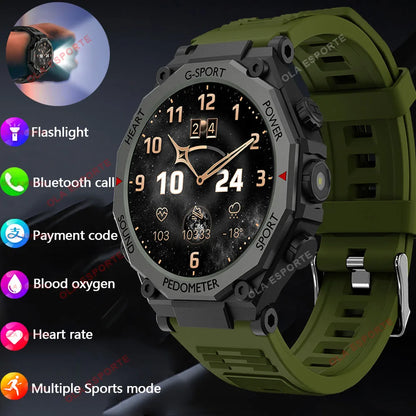 New Outdoor LED Flashlight Smart Watch Men 2025 Bluetooth Call Heart Rate Monitoring Military Sports SmartWatch For Android IOS