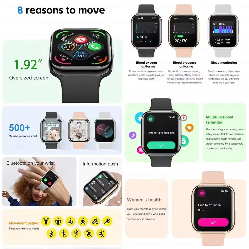 2025 Smart Watch Series 10 1.92″ Health Monitoring Sleep Monitoring Sport Mode Pedometer BT call 500+ dials Men Women SmartWatch