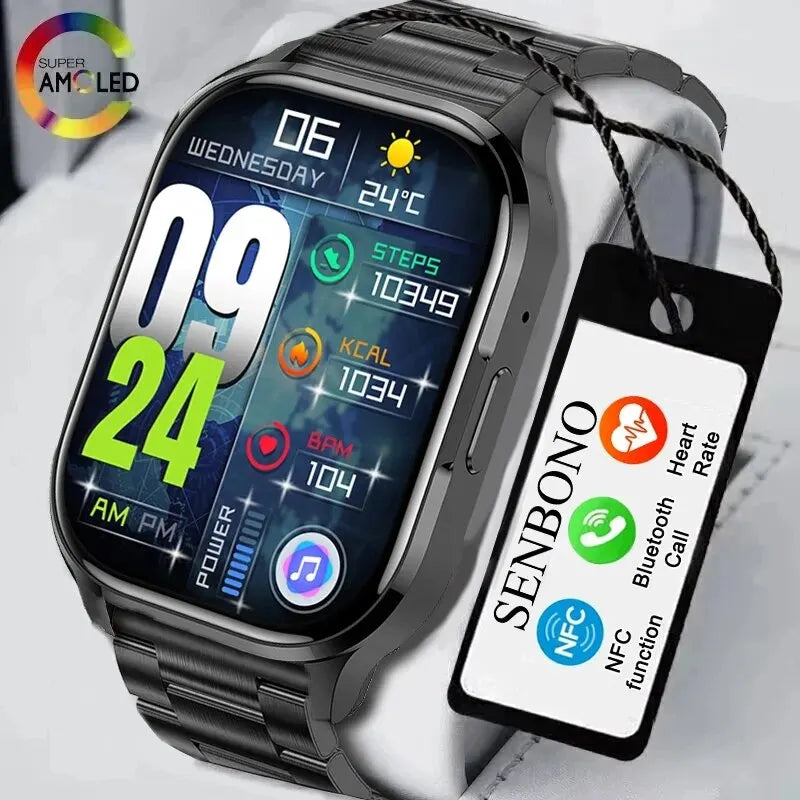 SENBONO 2024 New AMOLED Smart Watch Always On Display Bluetooth Call NFC Smartwatch Men Sport Waterproof Watch for IOS Android