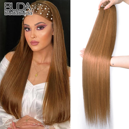 Straight Hair Extensions Synthetic Smooth Ombre Hair Weaving 26 inches brown Synthetic Straight Hair Bundles Full To End