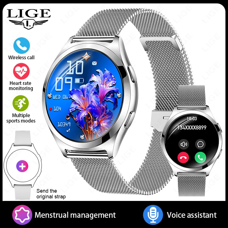 LIGE New 1.27”HD Screen Smart Watch Women IP68 Waterproof Bluetooth Call Women’s Bracelet Sport Health Monitor Ladies Smartwatch