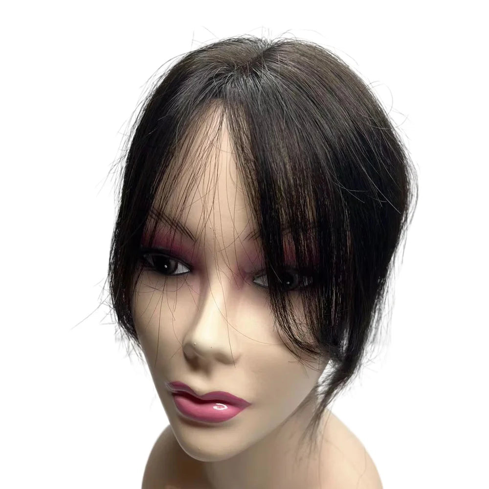 Breathable Swiss Lace Human Hair Topper for Women Dark Brown Bangs Fringe Hairline Topper Clip on Hair Piece for Thinning Hair
