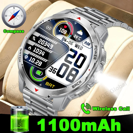 LIGE 2025 1100mAh Super Capacity Battery Adult Men Smart Watch Compass 1.7-inch Bluetooth Call 3ATM Waterproof Sports Smartwatch