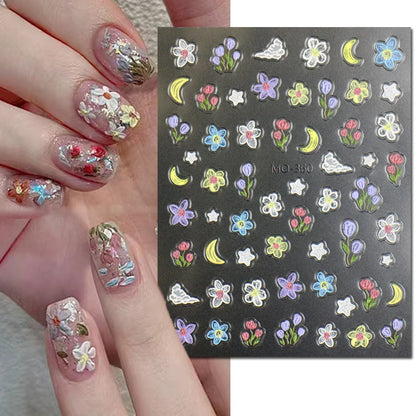 5d Embossed Nail Art Stickers Golden Lines Semi-Transparent Purple Blue Flowers Decals Decorations For Nail Tips Manicures