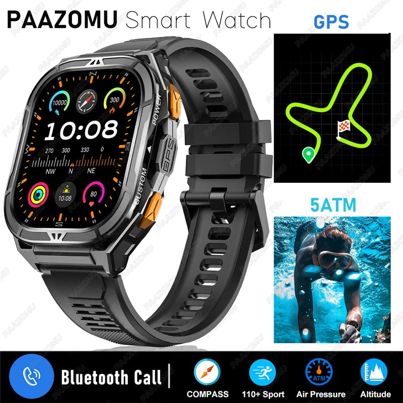 2025 New GPS Smart Watch Men 1.96-inch HD AMOLED Screen Compass Bluetooth Call 5ATM Waterproof Sport Smart Watch for Android iOS