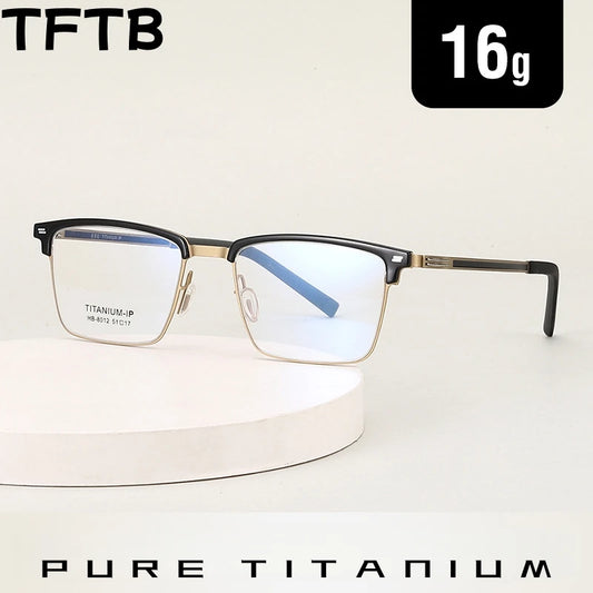TFTB Luxury Pure Titanium Men's Glasses Square Screwless Design Stylish Ultra-light Optical Prescription Eyeglasses Frame 8012
