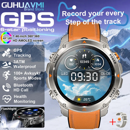 2025New Outdoor Military Smart Watch Bulit-in GPS Compass Altimeter Barometric 3ATM Waterproof AMOLED Bluetooth Call Smart Watch