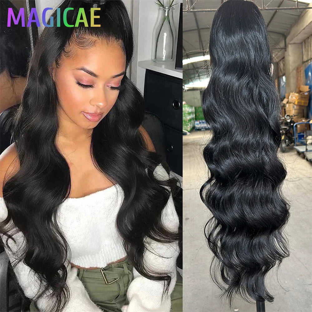 Magicae Ponytail 28Inches Ombre Brown Blond 27/ 613 Clip in Synthetic Hair Extension 180grams Heat Resistant Body Wavy