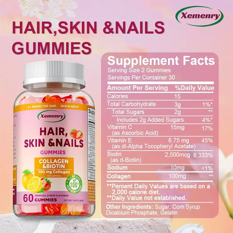 Hair, Skin & Nails Gummies - Supports Hair Growth, Strengthens Nails, Promotes Radiant Skin, Powerful Antioxidant