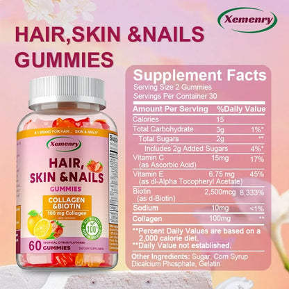 Hair, Skin & Nails Gummies - Supports Hair Growth, Strengthens Nails, Promotes Radiant Skin, Powerful Antioxidant