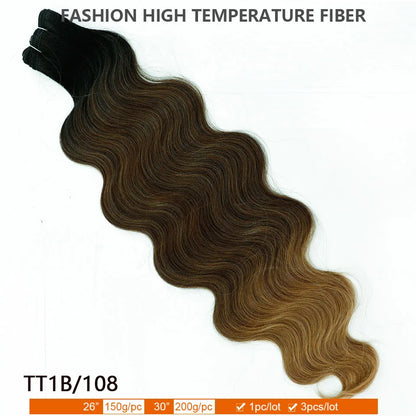 30Inches 200grams Blond Ombre 27/613 Brown Body Wave Synthetic Hair Weave Bundles Soft Bio Human-Like Heat Resistant Ponytail