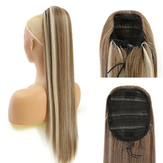 28 Inches Ponytail Fake Hair Extensions With Clip Blond Brown 613 Drawstring Nature Color Straight Heat Resistant Synthetic Hair