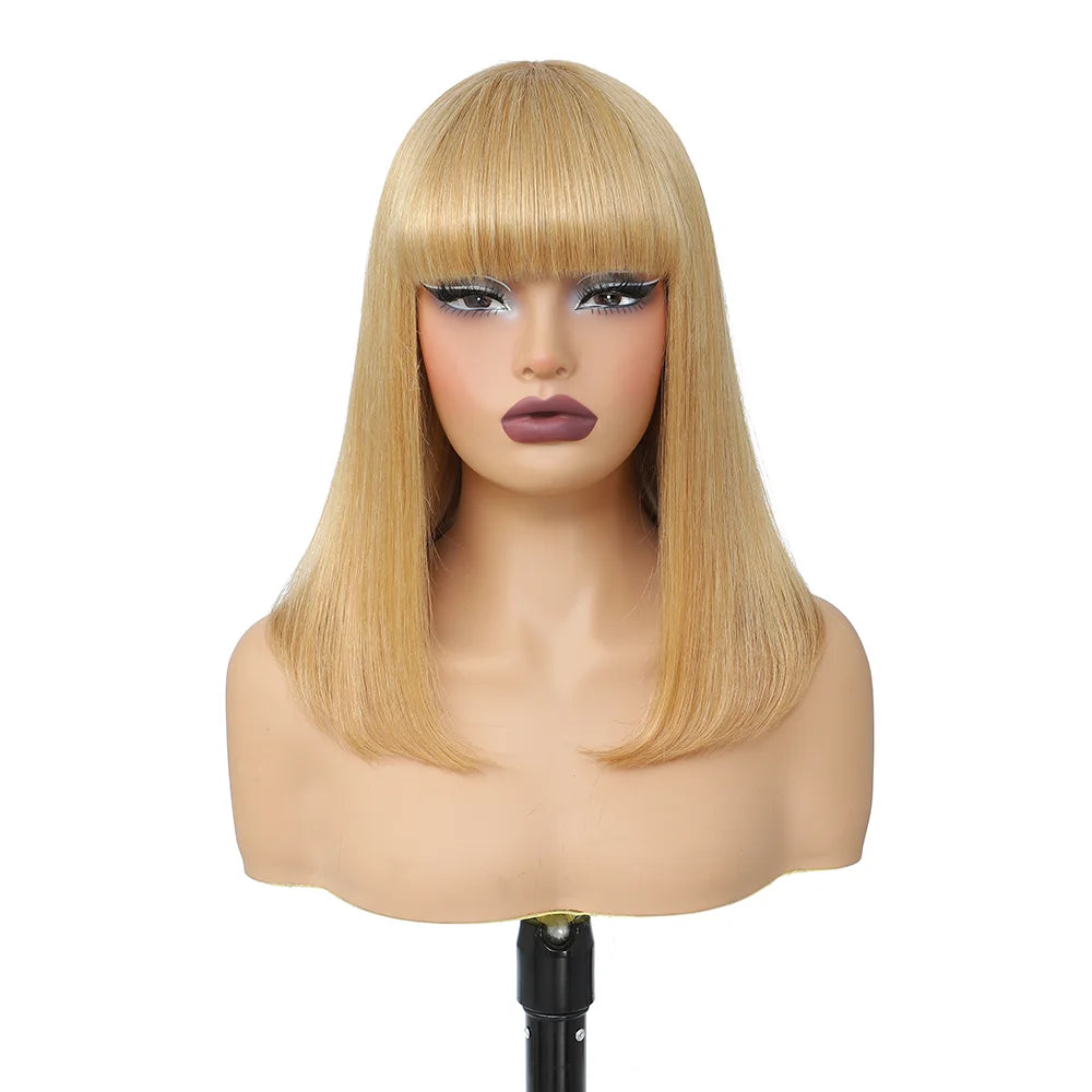 Short Bob Wig Human Hair With Bangs Straight Glueless Ready to Wear Go Wigs For Women Burgundy Machine Made Wig Brazilian Hair
