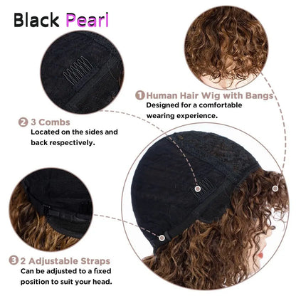 Black Pearl Jerry Curly Wig with Bangs100% Human Hair Short Pixie Cut Fringe Style Natural Curly Perruque Lightweight