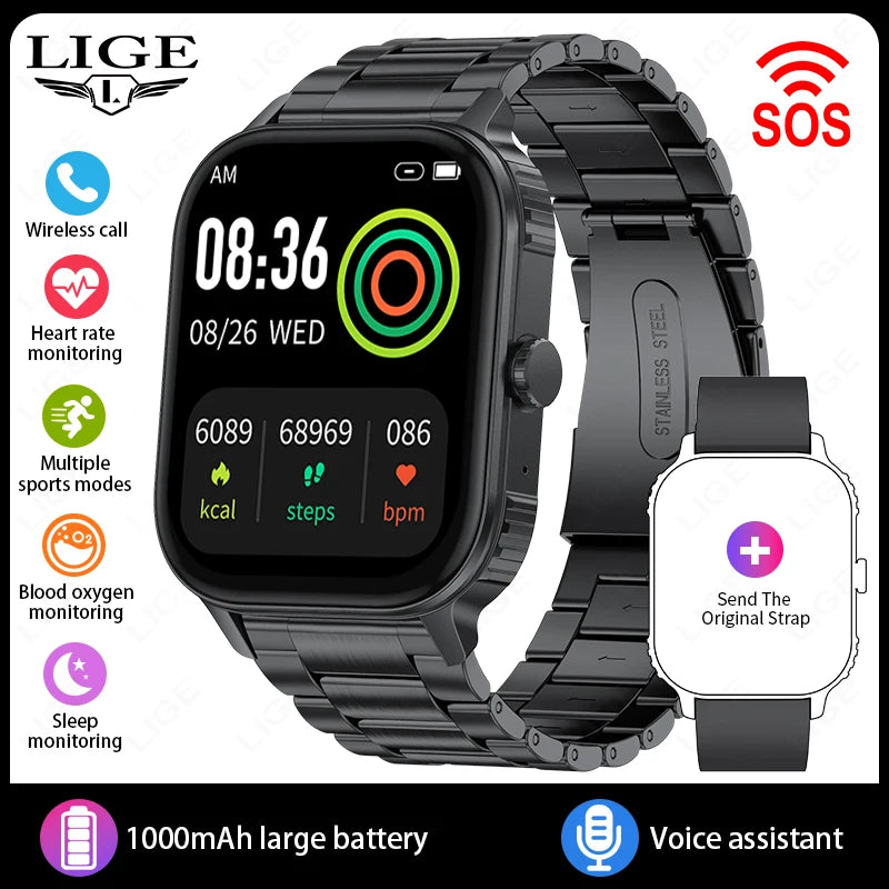 LIGE Women Smart Watch Bluetooth Call Heart Rate Sleep Monitor AI Voice Alarm Clock Music Control IP68 Waterproof Smartwatch Men