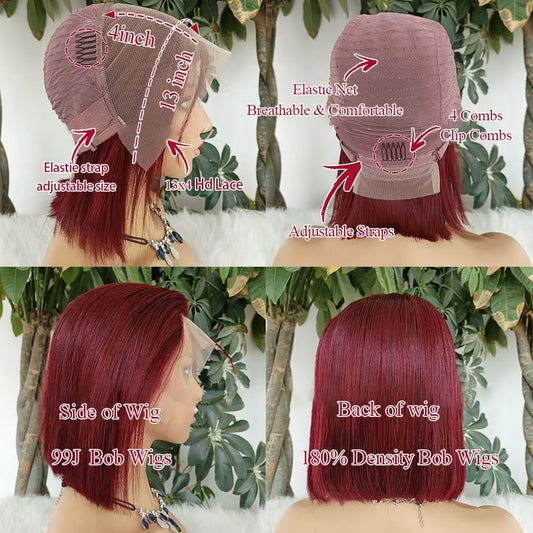 Burgundy Straight Short Bob Wig Human Hair Blonde 613 Lace Front Human Hair Wigs 13x4 HD Transparent Lace Frontal Wig for Women