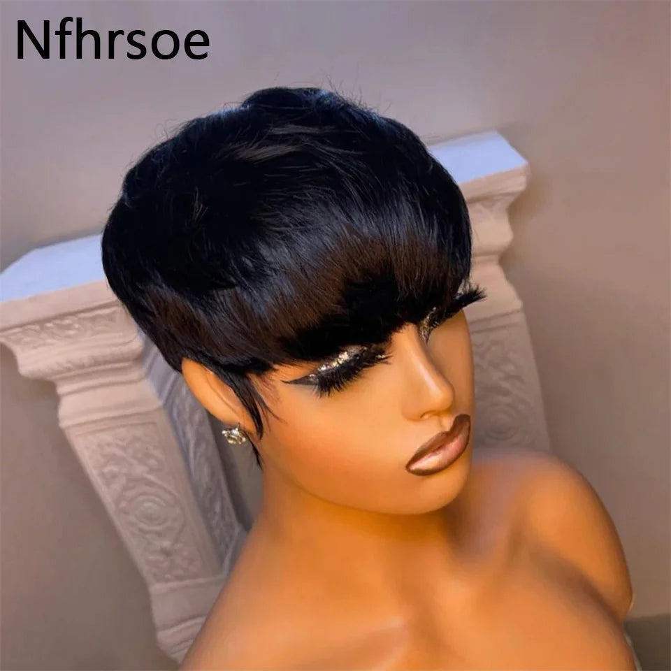 Pixie Cut Wig Human Hair Short Straight Bob Wigs For Black Women With Bangs Brazilian Virgin Hair Non Lace Front Cheap Wig Black