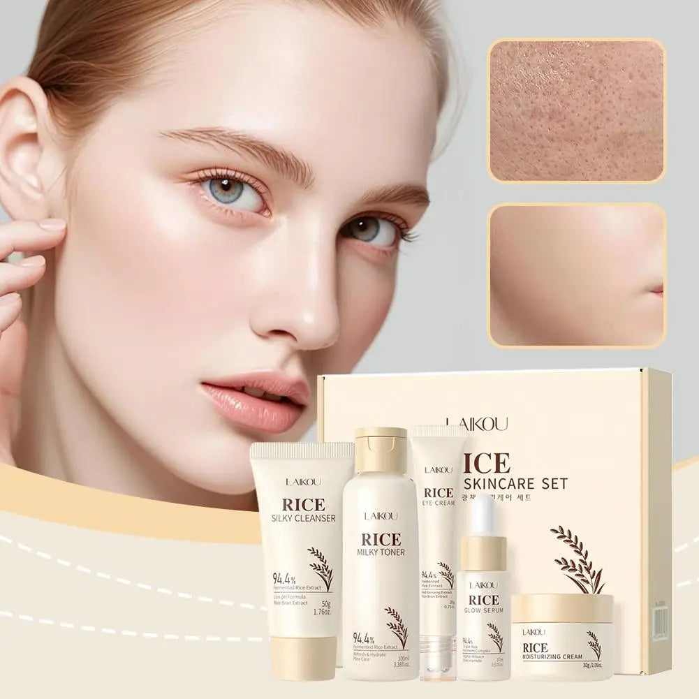 5PCS Rice Extract Skincare Set Moisturizing Facial Care Kit Cleanser Toner Serum Essence Eye Cream for Hydrating Glowing Skin