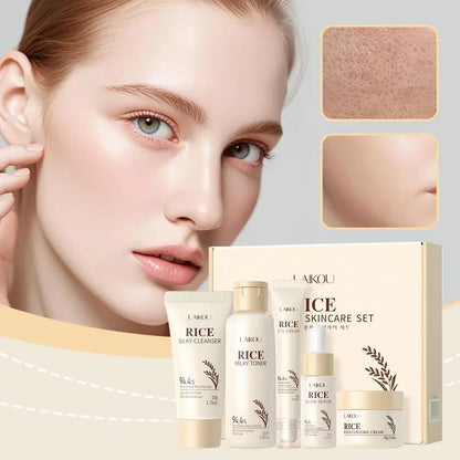 5PCS Rice Extract Skincare Set Moisturizing Facial Care Kit Cleanser Toner Serum Essence Eye Cream for Hydrating Glowing Skin