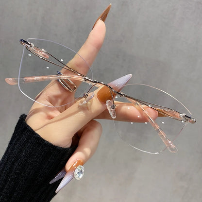 TFTB 2025 Women's Fashion Cat Eye Rimless Glasses Ultra-light Trendy Alloy High-end Optical Prescription Eyeglasses Frame 19028
